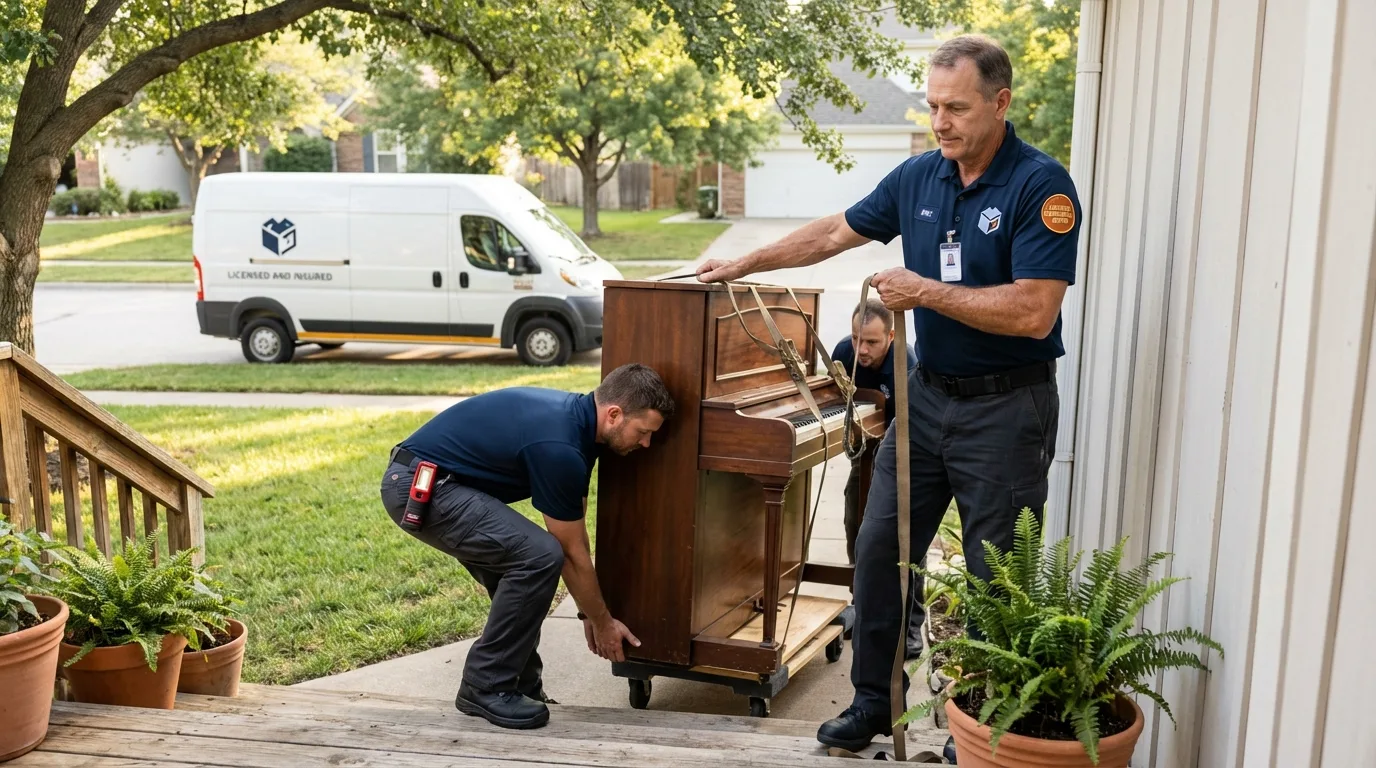 Licensed piano movers securing grand piano in Raton, NM