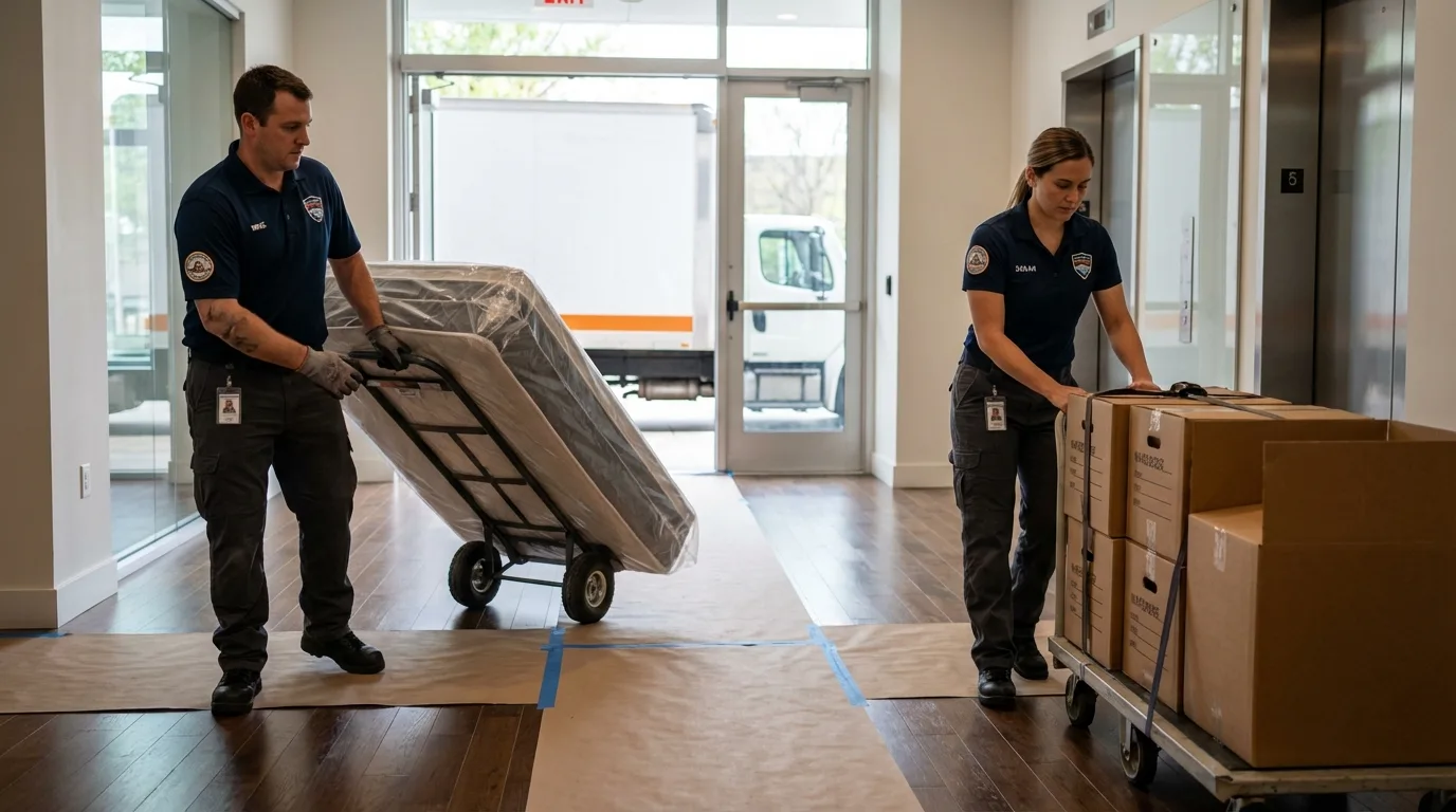 Professional apartment movers loading elevator in Raton, NM