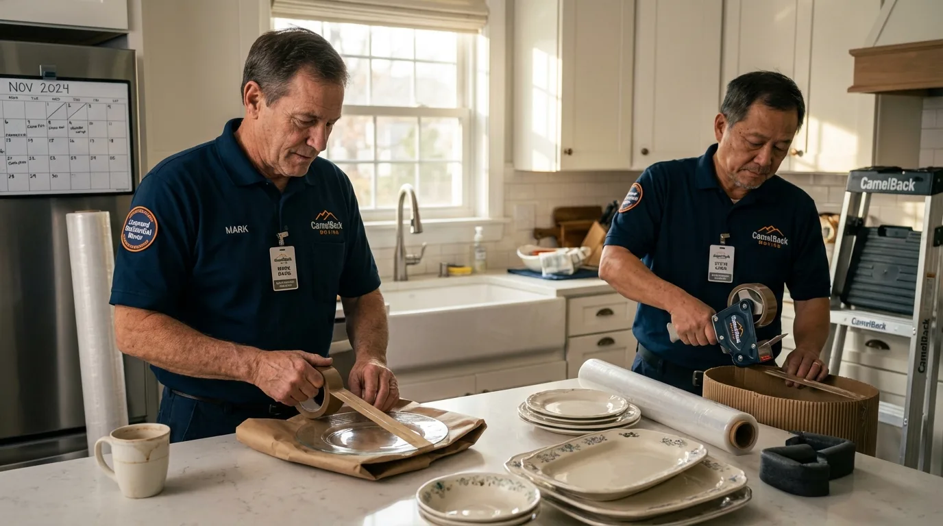 Professional crew packing kitchen dishware in Raton, NM